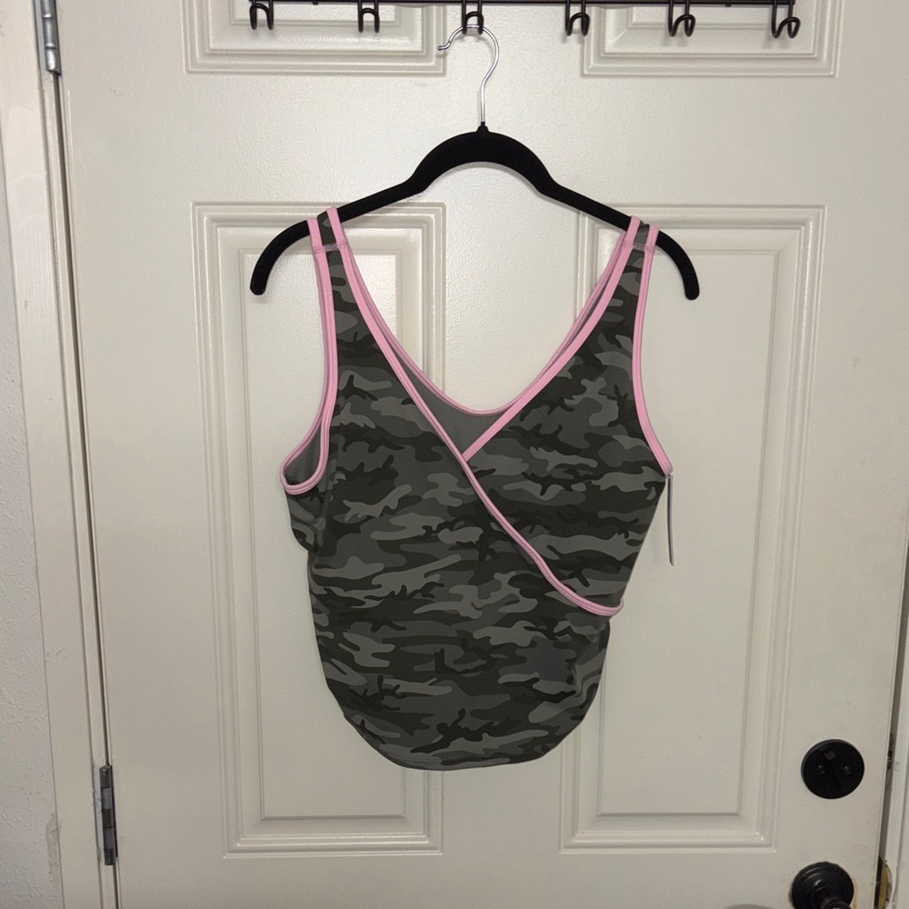 PINK Victoria's Secret Olive Camo Wrap-Front Tank with Pink Trim